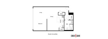 a floor plan of a studio apartment with a bedroom and a living room