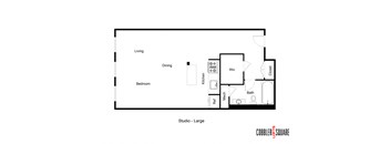 a floor plan of a studio apartment with a bedroom and a living room