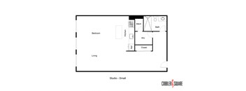 a floor plan of a studio apartment with a bedroom and a living room