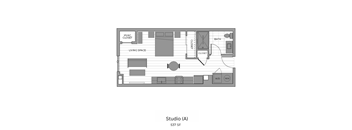 A floor plan of a studio apartment with a living space, bathroom, and kitchenette.