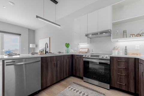 A modern kitchen with a stainless steel dishwasher and oven.