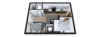 A top-down view of a modern apartment layout.