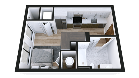 A top-down view of a modern apartment layout.