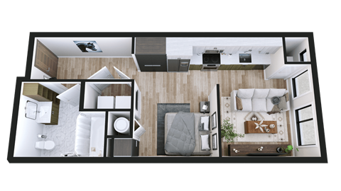 A top-down view of a modern apartment layout.