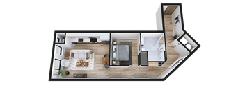 A top-down view of a modern apartment layout.