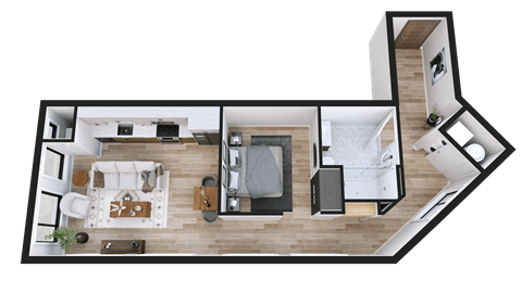 A top-down view of a modern apartment layout.