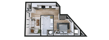 A 3D floor plan of a modern apartment with a living room, kitchen, and bedrooms.