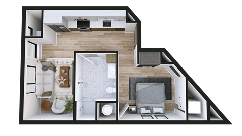 A 3D floor plan of a modern apartment with a living room, kitchen, and bedrooms.