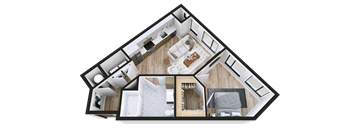 A 3D floor plan of a house showing a kitchen, living room, and two bedrooms.