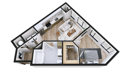 A 3D floor plan of a house showing a kitchen, living room, and two bedrooms.