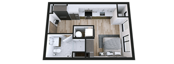A top-down view of a modern, minimalist bedroom and bathroom.