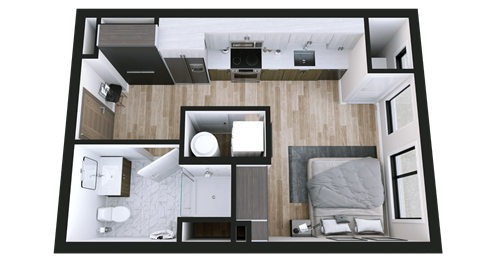 A top-down view of a modern, minimalist bedroom and bathroom.