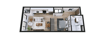 A top-down view of a modern apartment layout.