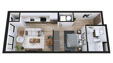 A top-down view of a modern apartment layout.