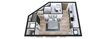 A top-down view of a modern apartment layout.