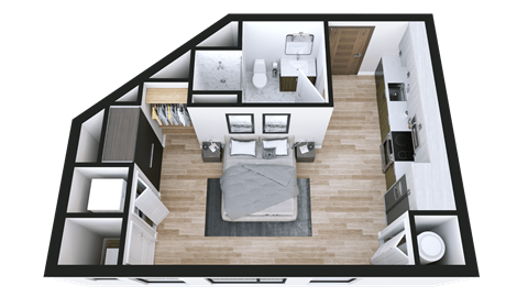 A top-down view of a modern apartment layout.