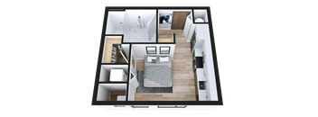 A 3D floor plan of a small apartment with a bedroom, living room, and kitchen.