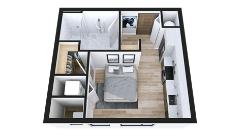 A 3D floor plan of a small apartment with a bedroom, living room, and kitchen.