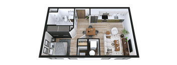 A top-down view of a modern apartment layout with a kitchen, living room, and bedrooms.