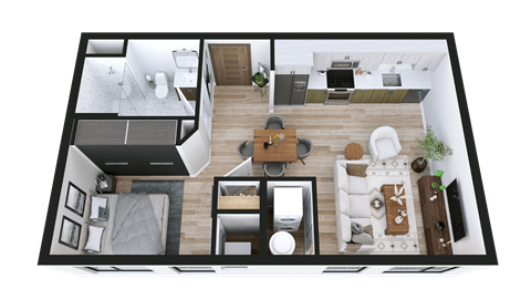 A top-down view of a modern apartment layout with a kitchen, living room, and bedrooms.