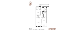 A black and white image of a floor plan for a 1058 sq ft apartment with two bedrooms and two bathrooms.