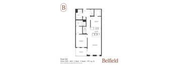 A black and white image of a floor plan for a 2 bedroom, 2 bath apartment.