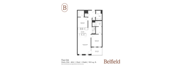 A black and white image of a floor plan for a 2 bedroom, 2 bathroom apartment.