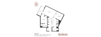 A black and white diagram of a house layout with a balcony, two bedrooms, a living room, a kitchen, a bathroom, and two baths.