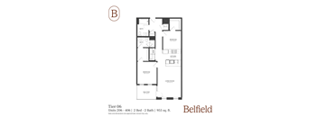 A floor plan of a 2 bedroom, 2 bath apartment in the Belfield building.