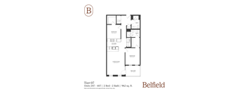 A black and white image of a floor plan for a 2 bedroom, 2 bathroom apartment.