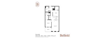 A floor plan for a property called Belfield shows a living room, two bedrooms, a kitchen, and two bathrooms.