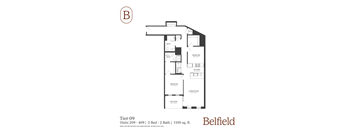 A black and white diagram of a floor plan for a 1100 sq ft home with two bedrooms and two bathrooms.