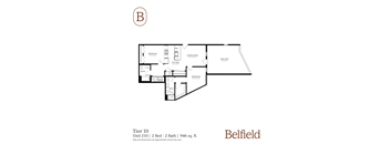 A floor plan for a 2 Bed 2 Bath unit at Belfield.