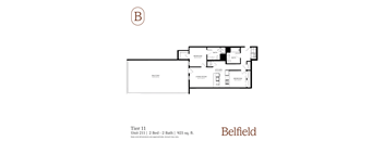 A floor plan for a 2 Bedroom, 2 Bath apartment in the Belfield building.