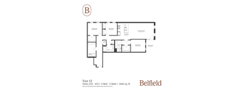 A black and white image of a floor plan for a property called Belfield.