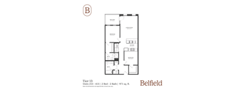 A black and white image of a floor plan for a 2 bedroom, 2 bathroom apartment.