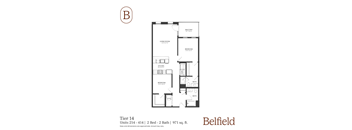 A black and white diagram of a two bedroom apartment.