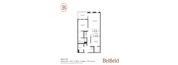 A black and white image of a floor plan for a 2 bedroom, 2 bathroom apartment.