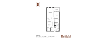 A black and white diagram of a floor plan for a 2 bedroom, 2 bathroom apartment.