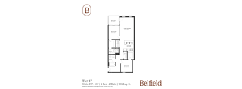 A black and white image of a floor plan for a 1032 square foot home with two bedrooms and two bathrooms.