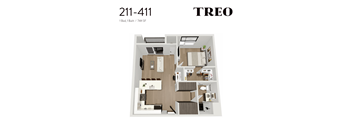 A floor plan of a one bedroom, 1 bathroom apartment.