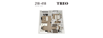 A floor plan of a TREO apartment with a living room, kitchen, and two bedrooms.