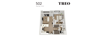 A floor plan of a one bedroom, one bathroom apartment.