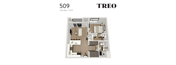 A floor plan of a one bedroom, one bathroom apartment.