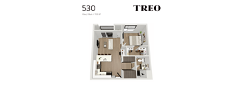 A floor plan of a one bedroom, one bathroom apartment.