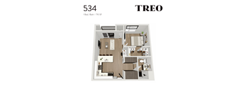 A floor plan of a one bedroom, one bathroom apartment in the 710 South Fulton area.
