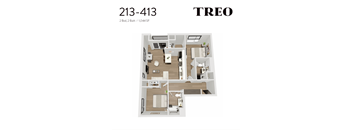 A floor plan of a two bedroom, two bathroom apartment.
