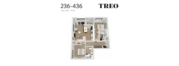 A floor plan of a two bedroom, two bathroom apartment at 236-436 TREO.