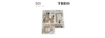 A floor plan of a 2 Bed, 2 Bath apartment at 1,023 SF.