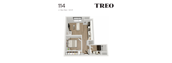 A floor plan of a one bedroom apartment with a treed design.